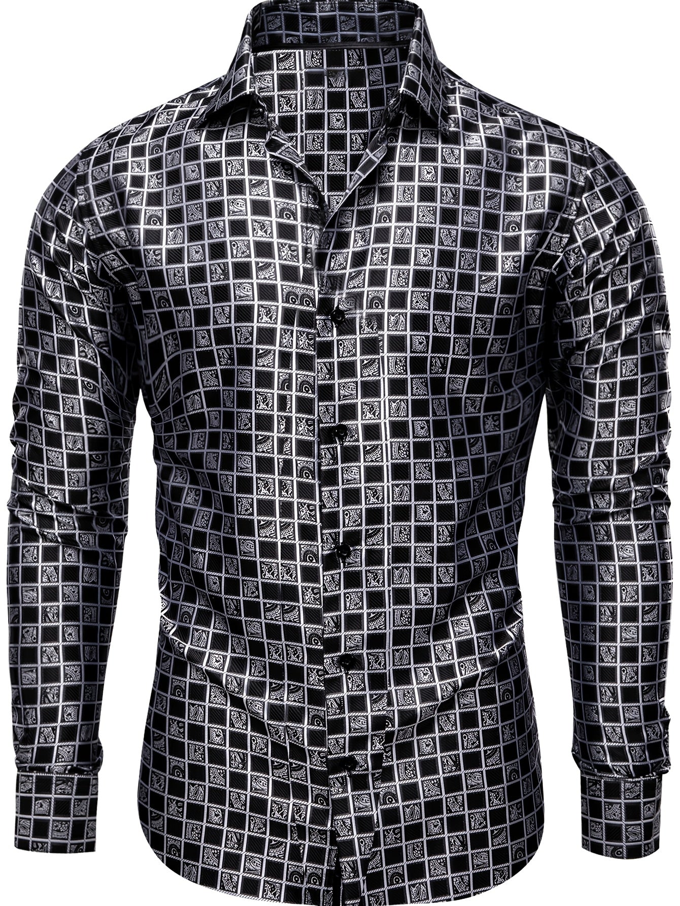 Elegant Men's Dress Shirt with Geometric Pattern - Long Sleeve, Classic Button-Up, Perfect for Weddings & Formal Events